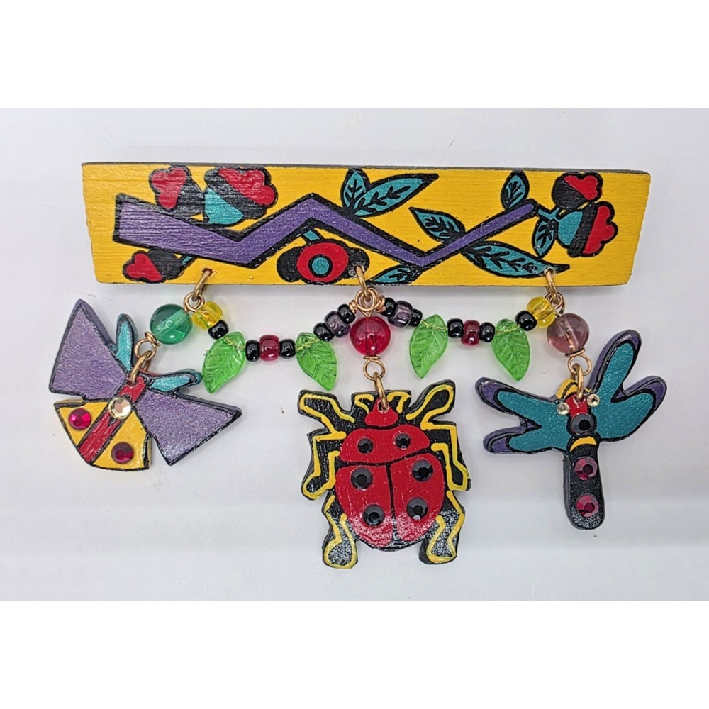 Beau-Regards Brooch Dangle Bugs Ladybug‎ Dragon Fly Rhinestones Wooden 1988 EUC